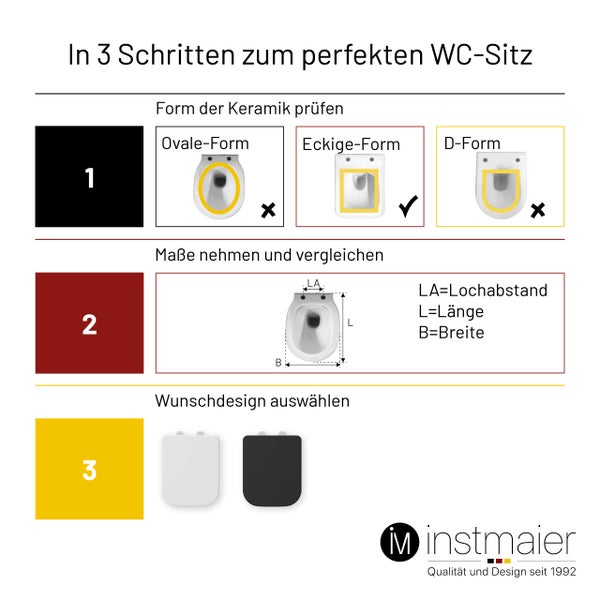 instmaier WC Sitz | TÜV geprüft | Toilettendeckel mit Absenkautomatik | Klobrille Schwarz | Eckig, passt für Renova Keramag Nr. 1 | mit Schnellverschluss | Duroplast
