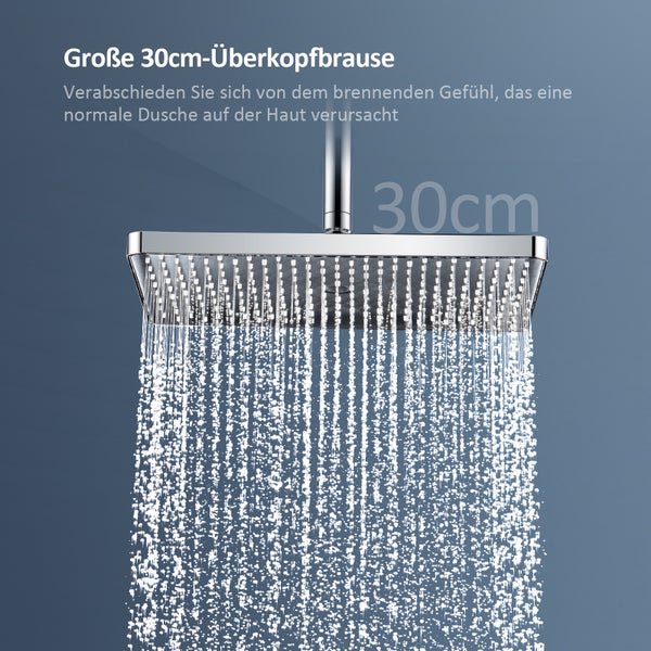 EMKE Duschsystem mit Thermostat, Wasserfall-Überkopfbrause, Handbrause mit 3 Strahlarten, Glasablage, 38 °C Wohlfühltemperatur, KTW-zertifiziert, 1142 x 303 x 460 mm, Chrom