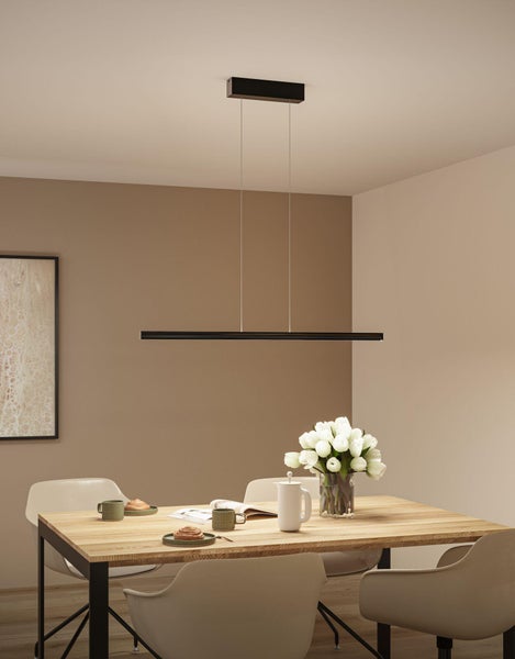 Esstisch mit Pendelleuchte und Dekoration im Esszimmer.