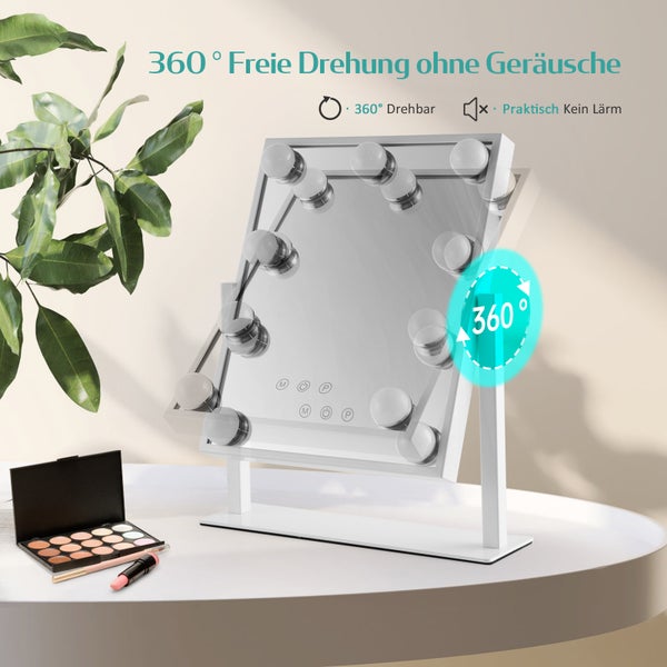 EMKE Hollywood Kosmetikspiegel mit Beleuchtung 365x475 mm, LED Schminkspiegel mit Metallrahmen, 7x Vergrößerung, 12 dimmbare Lichtquellen, 3 Lichtfarben, Memory-Funktion, 360° drehbar, Weiß – für Schminktisch & Schlafzimmer