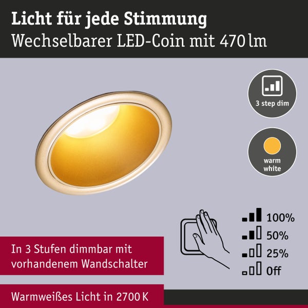 Set LED Einbauleuchte Cole IP44 88mm 2700K 3x6W 3x470lm 230V Gold matt Kunststoff, Alu Zink
