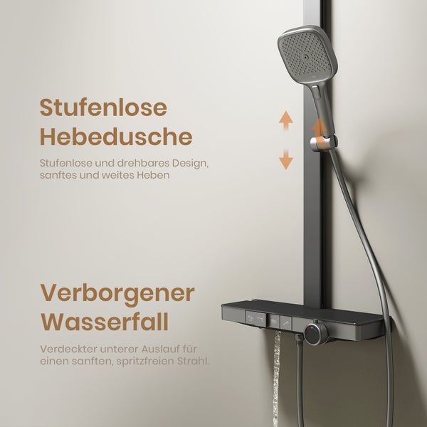 EMKE Duschsäule mit Thermostat, matt Anthrazit, 4-fach Wasserauslass, Handbrause mit 3 Strahlarten, digitales Display, Vorablauffunktion & Filter – multifunktionales Duschsystem