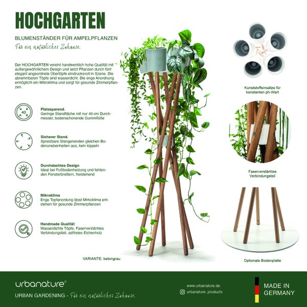 urbanature Blumenständer Hochgarten aus Eichenholz für fünf Ampelpflanzen. Platzsparend, wasserdichte graue Töpfe, circa 40 Zentimeter Durchmesser.