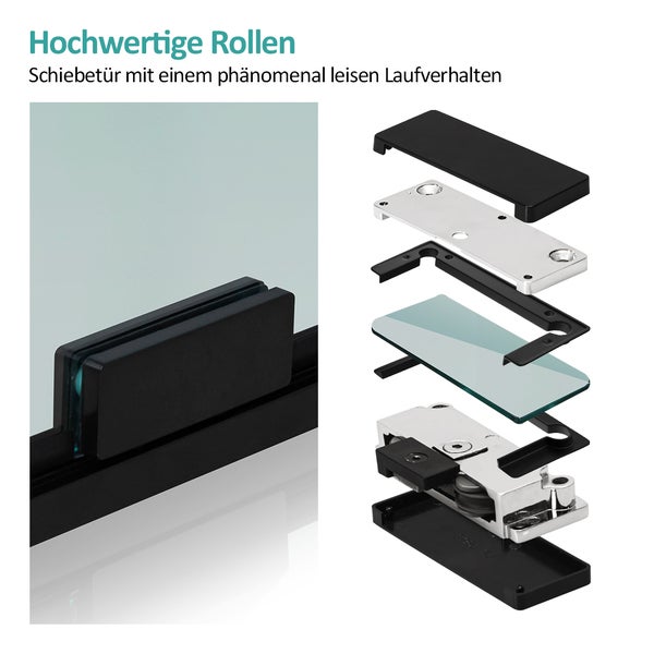 Explosionsdarstellung und Detailansicht von Laufrollen für Glasschiebetüren für ein leises Laufverhalten.