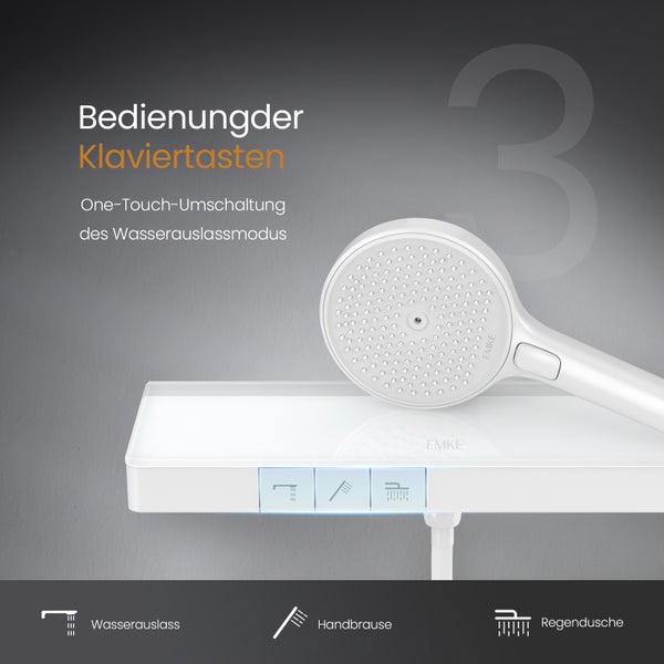 EMKE Duschsystem Duschsystem mit Thermostat Duschset mit 40cm Thermostatische Platte, 4 Strahlart(en), Brausestange, Handbrause, Regendusche, Wasserauslass,Weiß