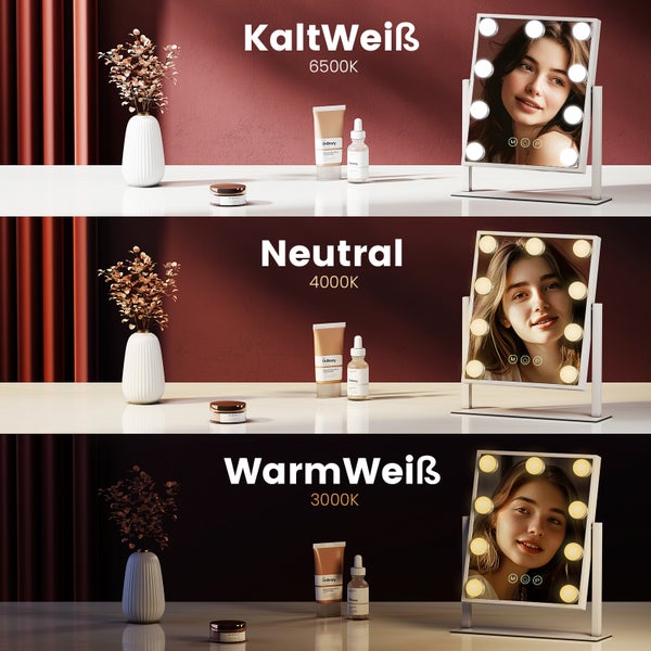 EMKE Hollywood Schminkspiegel mit Beleuchtung, 360° drehbar, 9 dimmbare LED-Lampen, 3 Lichtfarben, Touch-Schalter mit Speicherfunktion, 7x Vergrößerung, Weiß, 360×305×85 mm