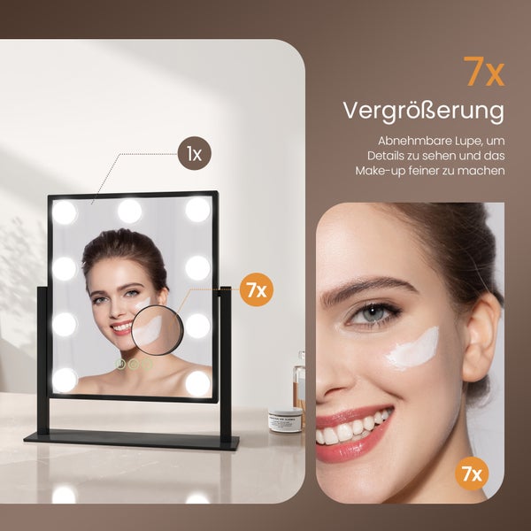 EMKE Hollywood Schminkspiegel mit Beleuchtung 30×41 cm, 12 dimmbare LEDs, 3 Lichtfarben, 360° drehbar, Speicherfunktion, Schwarz