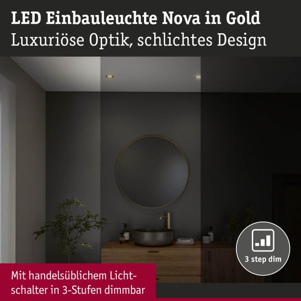 LED Einbauleuchte 3-Step-Dim Nova Coin Basisset starr IP44 rund 74mm Coin 3x6W 3x470lm 230V dimmbar 2700K Gold matt