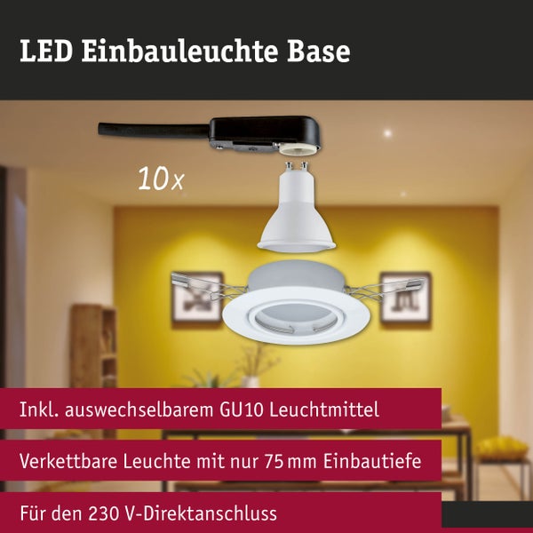 10er Set LED-Einbauleuchte Base mit auswechselbarem GU10-Leuchtmittel, 75 Millimeter Einbautiefe und 230 Volt Direktanschluss.