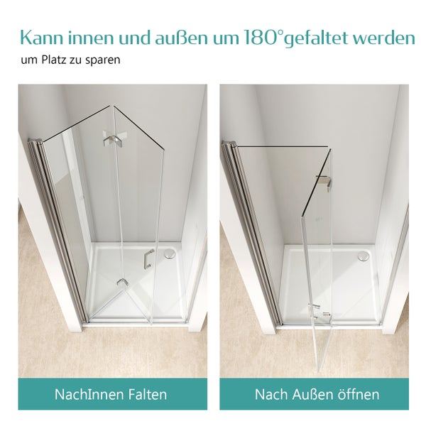 Duschkabine mit einer Glas-Falttür, die sich um 180 Grad nach innen und nach außen klappen lässt.