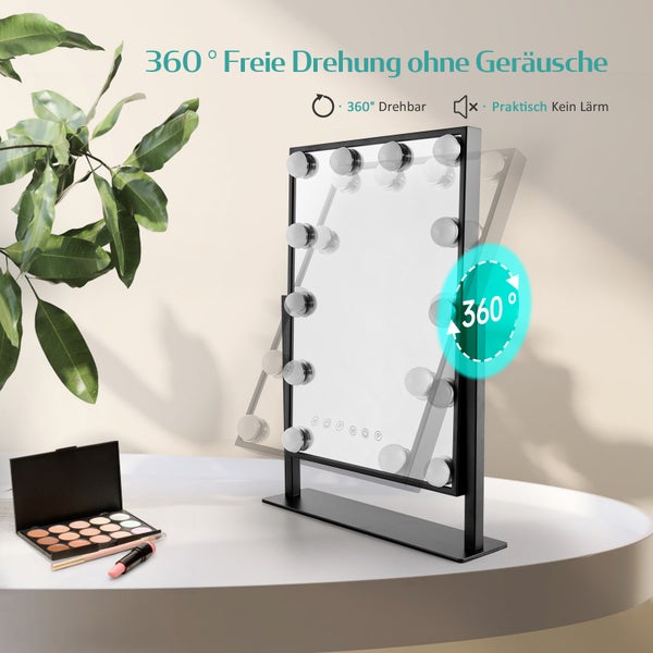 EMKE Hollywood Kosmetikspiegel mit Beleuchtung 305x360 mm, LED Schminkspiegel mit Metallrahmen, 7x Vergrößerung, 9 dimmbare Lichtquellen, 3 Lichtfarben, Memory-Funktion, 360° drehbar, Schwarz – für Schminktisch & Schlafzimmer