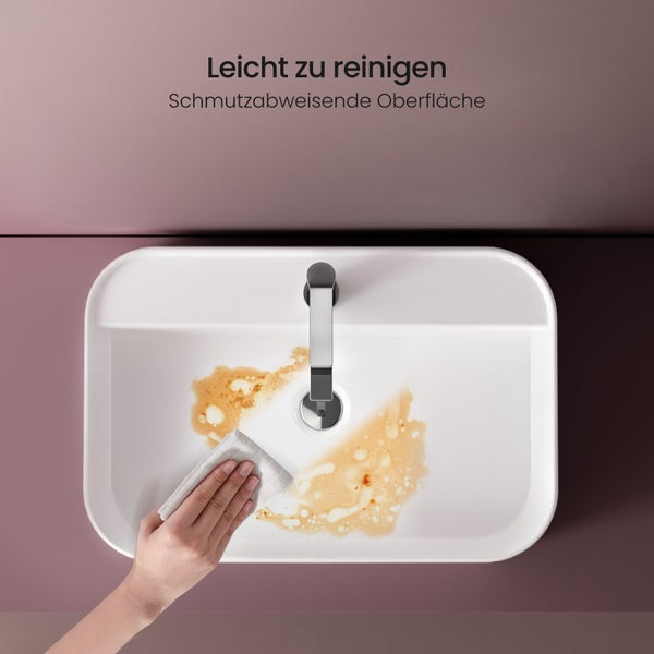 EMKE Aufsatzwaschbecken 700x400 mm, Keramik, Eckiger Waschtisch mit Hahnloch, Pflegeleicht, für Wand- oder Aufsatzmontage, Glänzend Weiß, für Badezimmer