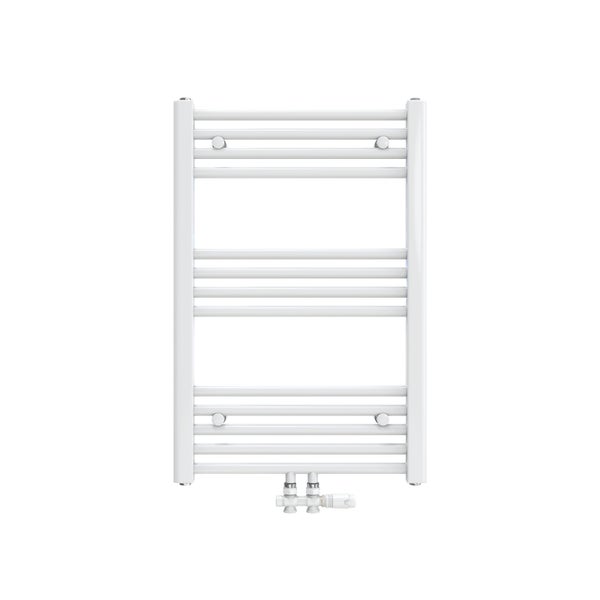 Weißer Handtuchwärmer mit Heizungsarmatur