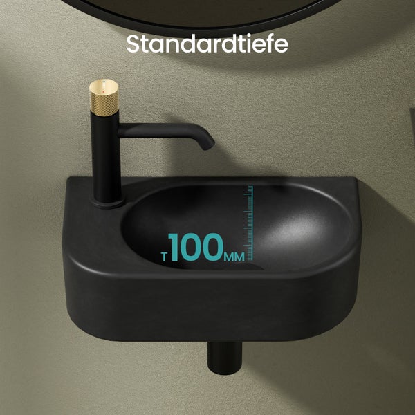 Schwarzes Waschbecken mit Armatur und einer Tiefe von 100 mm
