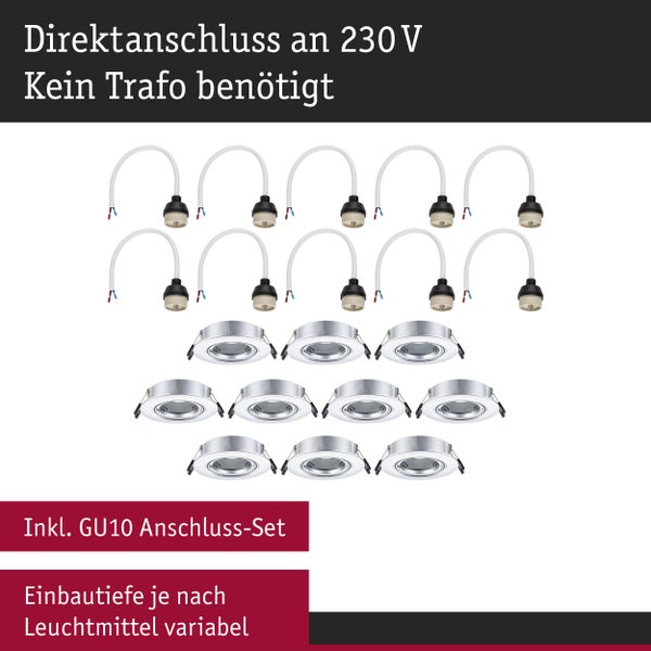 Einbauleuchte 10er-Set schwenkbar rund 90mm 30° GU10 max. 10x10W 230V dimmbar Chrom matt