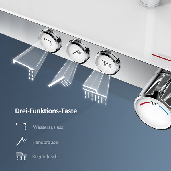 EMKE Duschsystem mit Thermostat 38 °C, Überkopfbrause, Handbrause 3 Strahlarten, unterer Wasserauslass, Verbrühungsschutz, Wandmontage, 114,6×45×48 cm, Chrom