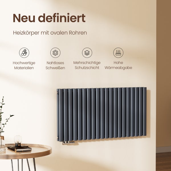 Heizkörper mit ovalen Rohren an einer Wand, hervorgehoben werden hochwertige Materialien, nahtloses Schweißen, eine mehrschichtige Schutzschicht und hohe Wärmeabgabe