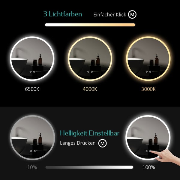 EMKE Badspiegel mit Beleuchtung Ø80 cm, rund, LED Wandspiegel, Touch-Schalter, dimmbar, Anti-Beschlag, 5 mm Glas, Memory, satiniert, rostfrei, für Badezimmer