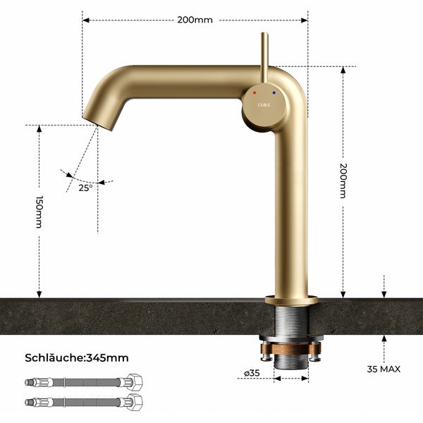 EMKE  Waschtischarmatur für Aufsatzwaschbecken Champagnergold, 222x200x76 mm, Einhebelmischer mit Warm- & Kaltwasser, wassersparend & pflegeleicht, G3/10,  einfache Montage, für Bad & Küche geeignet