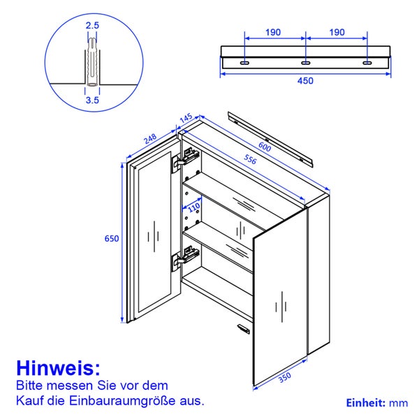 EMKE Spiegelschrank, 2-Türig,  60x65 cm, Badschrank mit doppelseitigen Spiegeltüren, schwarz