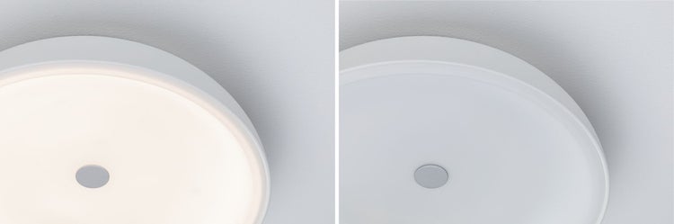 Aufnahme einer runden Deckenleuchte, die an einer Decke befestigt ist. Eine Seite zeigt die Leuchte eingeschaltet, die andere Seite zeigt sie ausgeschaltet.