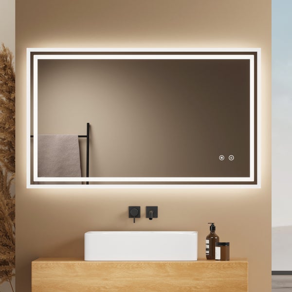 EMKE Badspiegel mit LED-Beleuchtung 100 x 60 cm, Kaltweiß 6500K, Touchschalter & Beschlagfrei, dimmbar, IP44, für Bad
