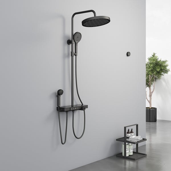 EMKE Duschsystem Thermostat, 4 Auslässe mit Rainfall-Kopfbrause, Handbrause & Kinderbrause, Wannenauslauf, digitales Display, Vorlauf-Funktion, Ablage & Entchlorung, Schwarz