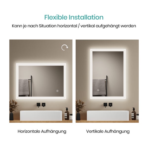 EMKE Badspiegel mit Beleuchtung 70×50 cm, Kaltweiß, Touchschalter & dimmbar, 4 mm rostfreier Spiegel, IP44, horizontal & vertikal montierbar, für Badezimmer