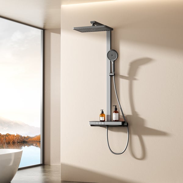 EMKE Duschsystem mit Thermostat, Duschsäule mit 40 cm thermostatischer Glasplatte, höhenverstellbarer Brausestange, Handbrause mit 4 Strahlarten & Wasserauslass, Anthrazit Matt