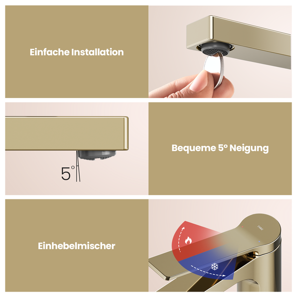 Emke Einhebel-Waschtischarmatur, Badarmaturen, Waschbecken Armatur - Schweizer Design, Minimalistisches Design，3/8 Zoll, Wassersparend, Korrosionsschutz, Warm- & Kaltwasser, Bleifreies Messing, Pflegeleicht -Champagnergold