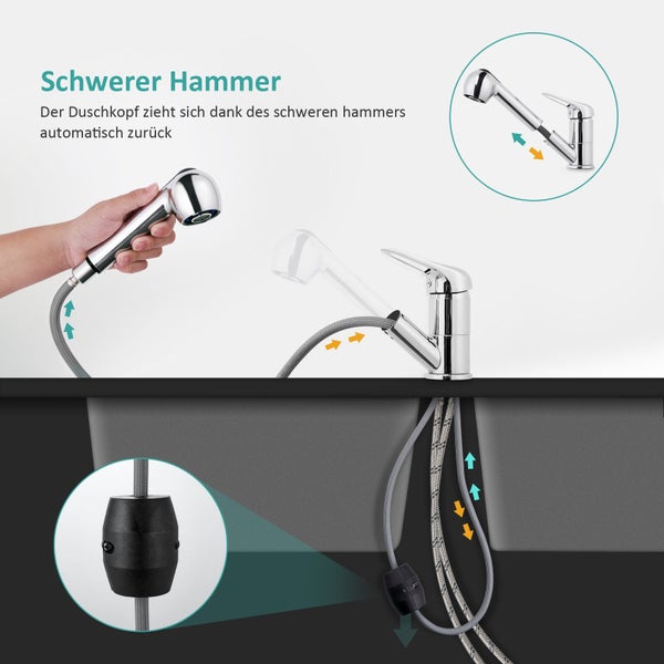 EMKE Küchenarmatur mit Ausziehbarer Brause, 2 Strahlarten, 360° Schwenkbar Einhebel Wasserhahn für Küche, Spültischarmatur mit Geschirrbrause