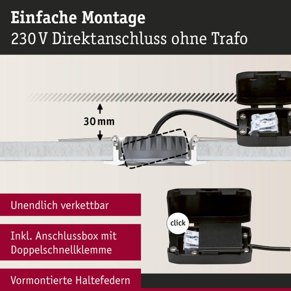 Einbaustrahler mit Anschlussbox und Doppelschnellklemme, einfache Montage, 230 Volt Direktanschluss ohne Trafo, 30 Millimeter Einbautiefe