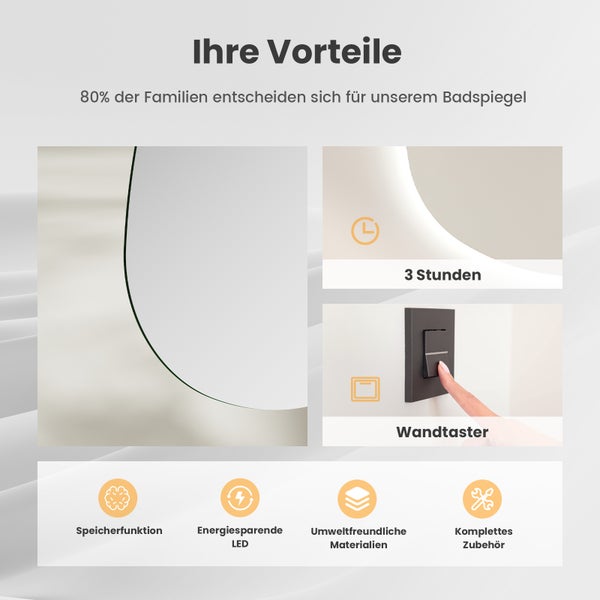 EMKE LED Badspiegel 75x55 cm, asymmetrisches Design, 3 dimmbare Lichtfarben und Helligkeit, Anti-Beschlag, Memory-Funktion, IP44, flexible Montage, für Bad