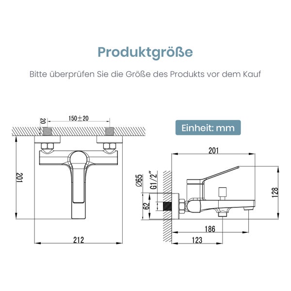 Technische Zeichnung einer Armatur mit Maßangaben in Millimetern
