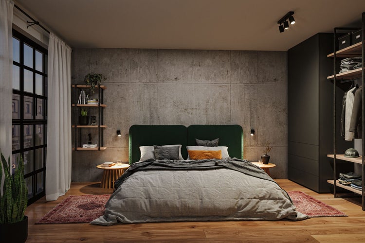 Schlafzimmer mit Doppelbett, Nachttischen, Regal und Kleiderschrank