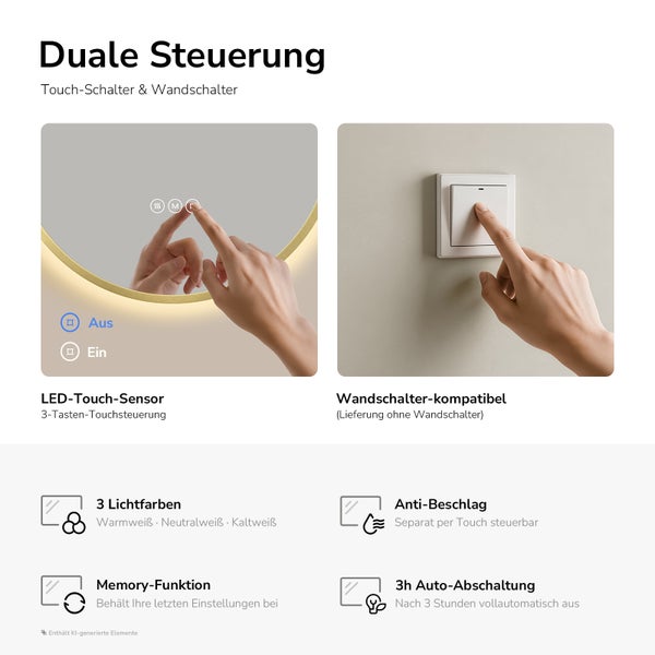 Infografik zur dualen Steuerung eines LED Badezimmerspiegels per Touch Sensor und Wandschalter sowie Übersicht der Funktionen.