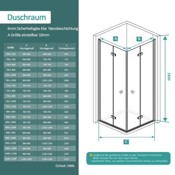 EMKE Duschkabine Eckeinstieg 75 x 120 cm, Falttür, 6 mm ESG-Sicherheitsglas beidseitig Nano-beschichtet, Hebe-Senk-Mechanismus, Chrom, Höhe: 185cm