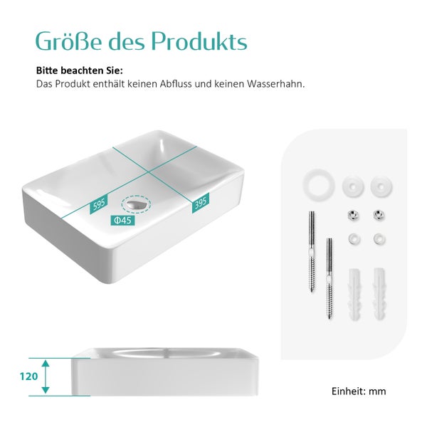 MKE Aufsatzwaschbecken Keramik 595 × 395 mm, Rechteckig, glänzend Weiß, ohne Hahnloch, leicht zu reinigen, Höhe 120 mm, Waschtisch-Waschbecken für Badezimmer