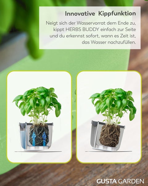 Darstellung der innovativen Kippfunktion des Kräutertopfes mit Basilikum von Gusta Garden