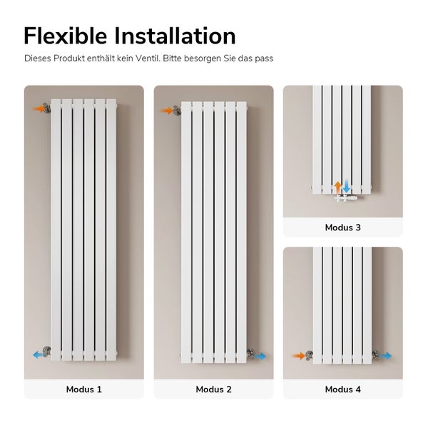 Darstellung von vier flexiblen Anschlussmöglichkeiten für einen vertikalen Designheizkörper zur Veranschaulichung der Montageoptionen.