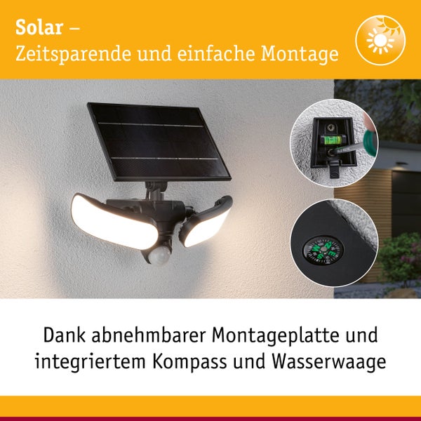 Solar LED Wandfluter Sonlig Dämmerungsgesteuerter Bewegungsmelder (IR) IP65 eckig 286x137mm 3000K 2x9W 2x1100lm 3,7V Anthrazit Kunststoff