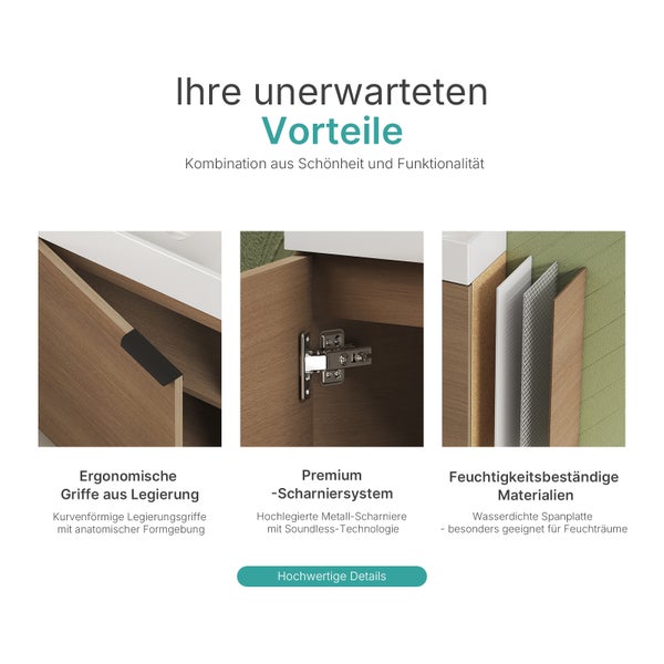 EMKE Waschtisch-Set 41,7 × 24 × 64,6 cm (B×T×H), mit Soft-Close-Funktion, Ablageboden, reversibel, Sonoma Eiche, für Badezimmer