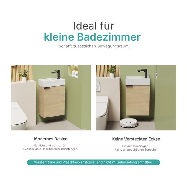Zwei Badezimmeransichten mit Waschbeckenunterschrank, Toilette und Staubsaugerroboter. Ideal für kleine Badezimmer.