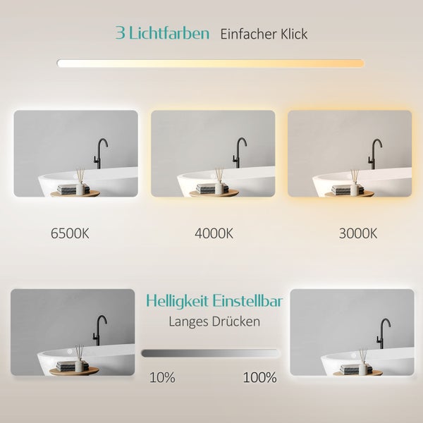 EMKE LED Badspiegel 100x60 cm, Touchschalter, 3 Lichtfarben einstellbar, Helligkeit dimmbar, IP44, rostfreier Spiegel, horizontal/vertikal montierbar, für Bad