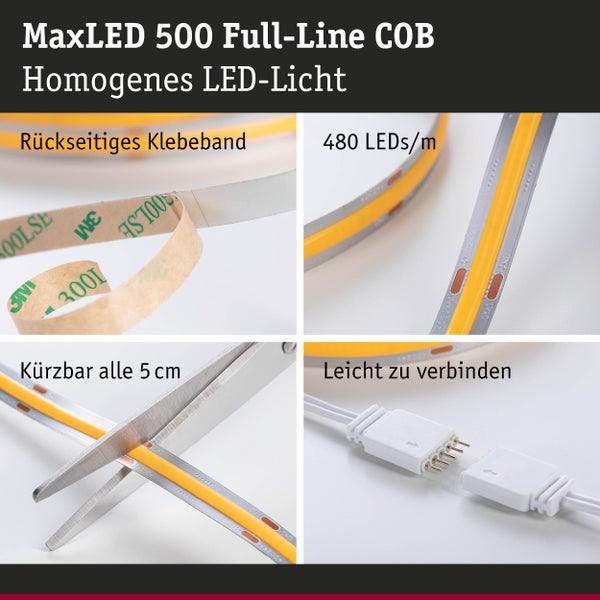 MaxLED 500 Full-Line COB Lichtband mit rückseitigem Klebeband, 480 LEDs pro Meter, kürzbar alle 5 Zentimeter und leicht zu verbinden