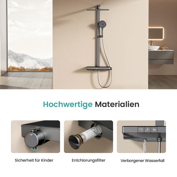 EMKE Duschsystem mit Thermostat, Duschsäule mit 40 cm thermostatischer Glasplatte, höhenverstellbarer Brausestange, Handbrause mit 4 Strahlarten & Wasserauslass, Anthrazit Matt