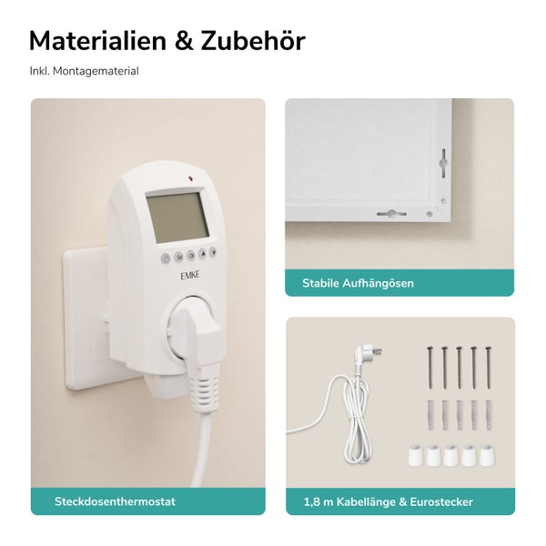 Infrarotheizung Zubehör mit Steckdosenthermostat, Aufhängevorrichtung, Kabel und Montagematerial.