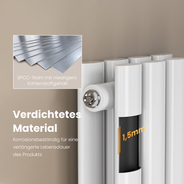 EMKE Badheizkörper 600×240 mm, Designheizkörper, Vertikal, Doppelrohr oval, 248 W, Weiß, für Warmwasserbetrieb, für Bad, Zentralanschluss