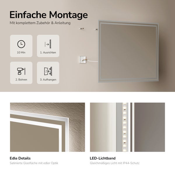 Infografik zur Montage eines Badezimmerspiegels mit LED Beleuchtung sowie Detailansichten der Glasoberfläche und des LED Lichtbandes.