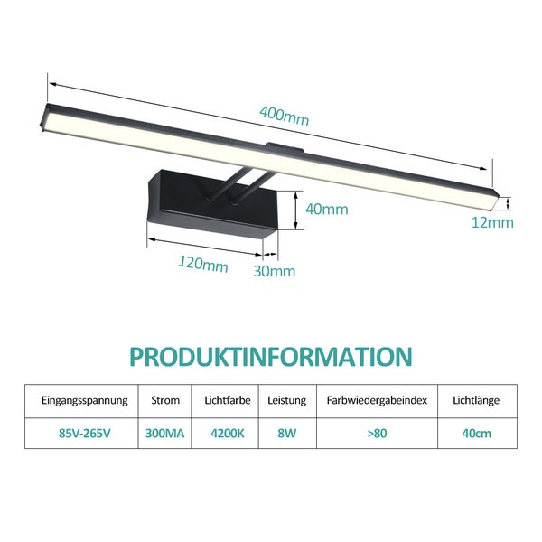 EMKE LED Spiegelleuchte Spiegellampen für das bad spiegelleuchte 40cm, 200° drehbar spiegelleuchte led badSpiegelschrank Beleuchtung 4200K  Schrankleuchte (Schwarz)